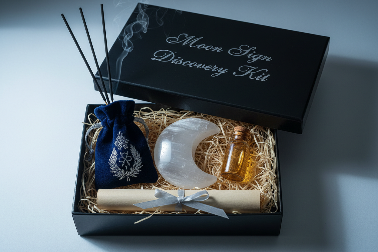 A high-angle, beautifully composed shot of an open black box labeled "Moon Sign Discovery Kit". Inside, arranged neatly on natural wood wool, are a small, moon-shaped piece of selenite, a pouch with several incense sticks poking out of the top of the bag, a small amber vial, and a scroll tied with a silver ribbon. The lighting is cool and soft, like moonlight, with deep indigo and silver tones.