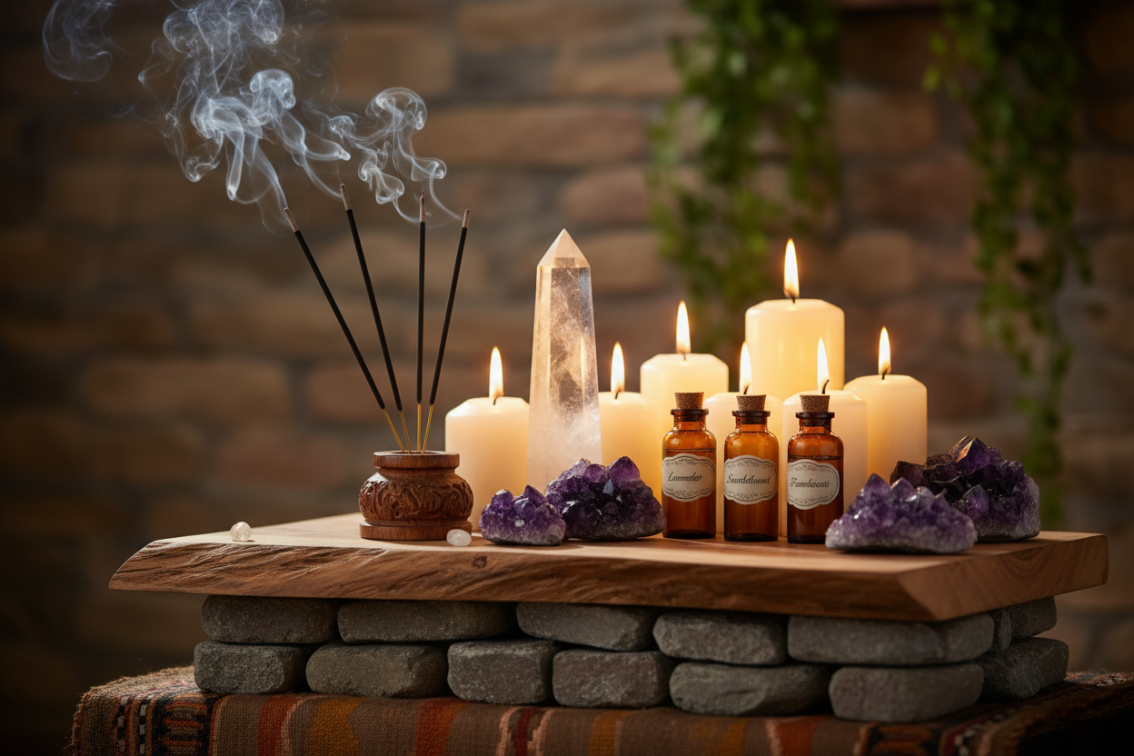 A high-quality, atmospheric shot of an altar space (smoke rising, crystals, oils)