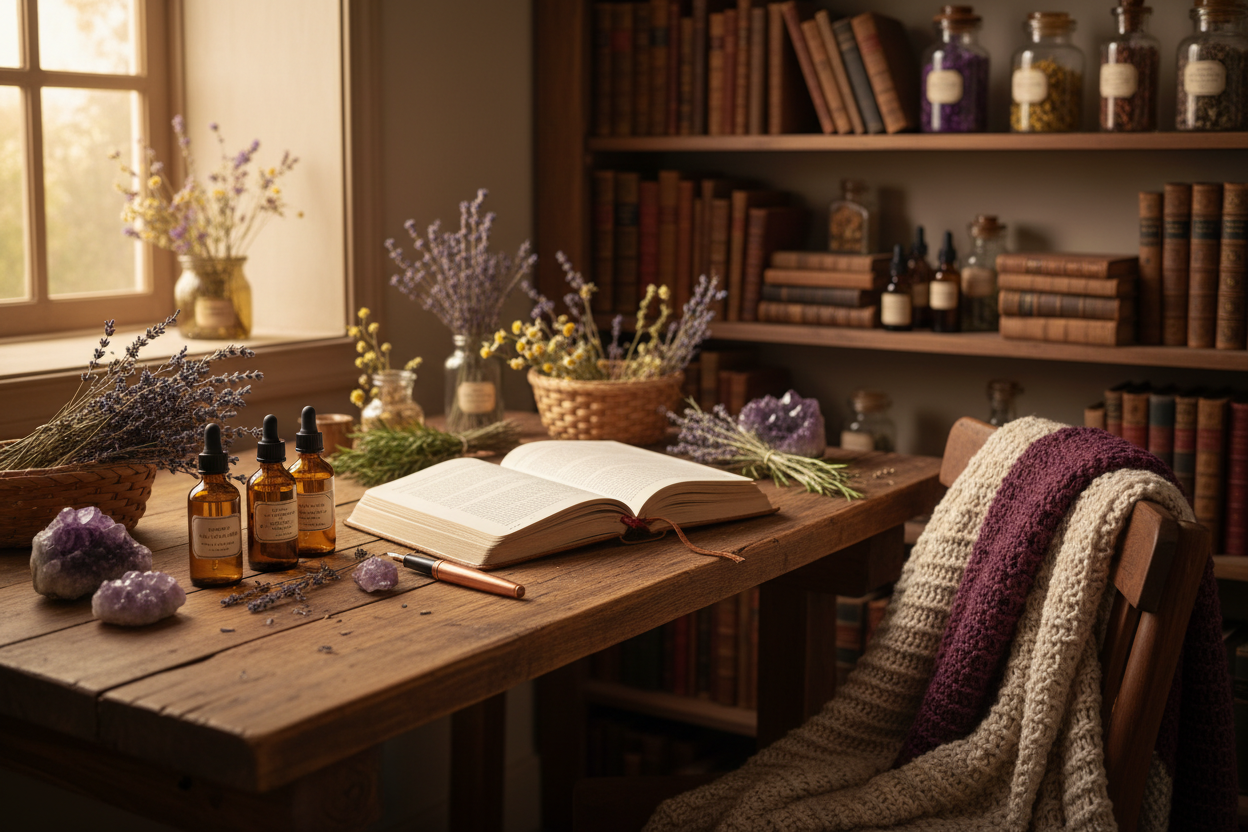 A welcoming photograph of a rustic wooden desk bathed in warm, natural window light. An open journal and pen sit next to several amber glass dropper bottles, scattered dried herbs, and amethyst crystals. Shelves filled with old books and botanical jars are in the soft background. The vibe is nurturing, approachable, and connected. Deep purple and warm cream tones.