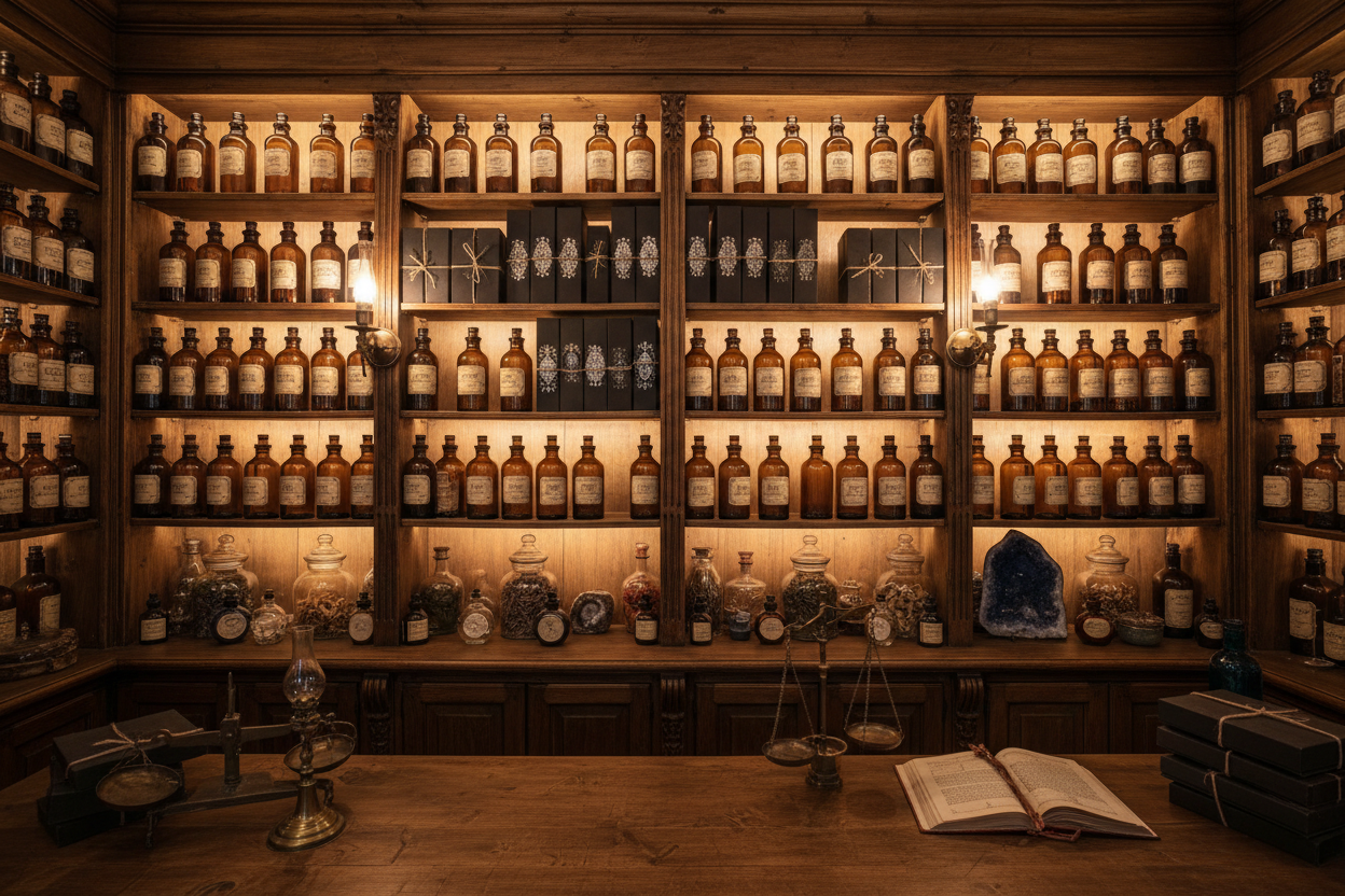 A wide-angle photograph of built-in wooden apothecary shelves filled with rows of amber bottles of various sizes, stacks of black boxes, glass jars of dried herbs, and large crystals. The shelves are heavily stocked and lit by warm, inviting lamp light. It feels like stepping into a magical shop.