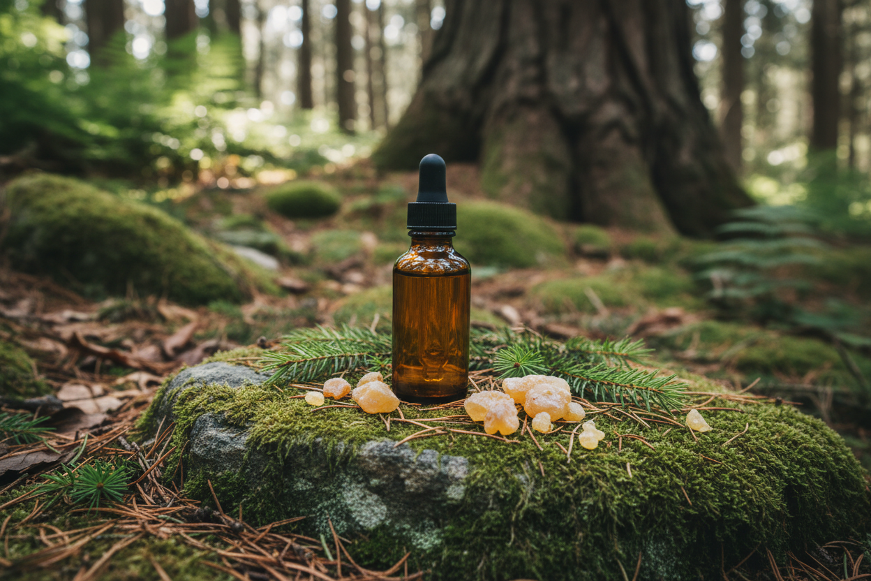 An earthy, natural photograph of an amber glass dropper bottle sitting on a moss-covered rock in a forest. Pine needles, small balsam fir twigs, and pieces of frankincense resin are scattered around the base of the bottle. In the background, there is a blurred forest floor and the trunk of a large tree. The lighting is filtered, natural forest light. The feeling is grounded, healing, and rugged.