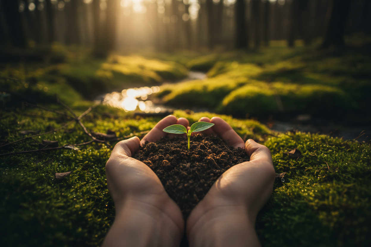 Close-up of hands gently cupping fresh soil and a young green plant sprout in a mossy forest. Soft, moody lighting with dappled sunlight. Symbolizes connection to earth and healing. Earthy browns, moss greens, and warm light. High detail macro photography.