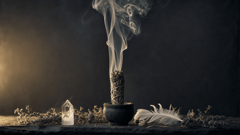 Smoke from a lit botanical incense bundle drifting upward through soft golden light against a dark background, evoking the Air element in ritual space