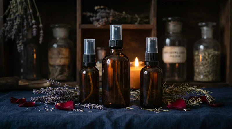 Three unlabeled amber glass aura misting bottles of different sizes with dried lavender, rose petals, and rosemary on deep navy linen in warm candlelight