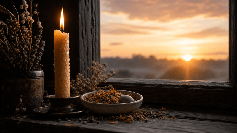 A lit beeswax candle on a dark wooden windowsill beside a ceramic bowl of dried botanicals, with soft amber sunrise light glowing through the window behind — a morning ritual already tenderly begun.
