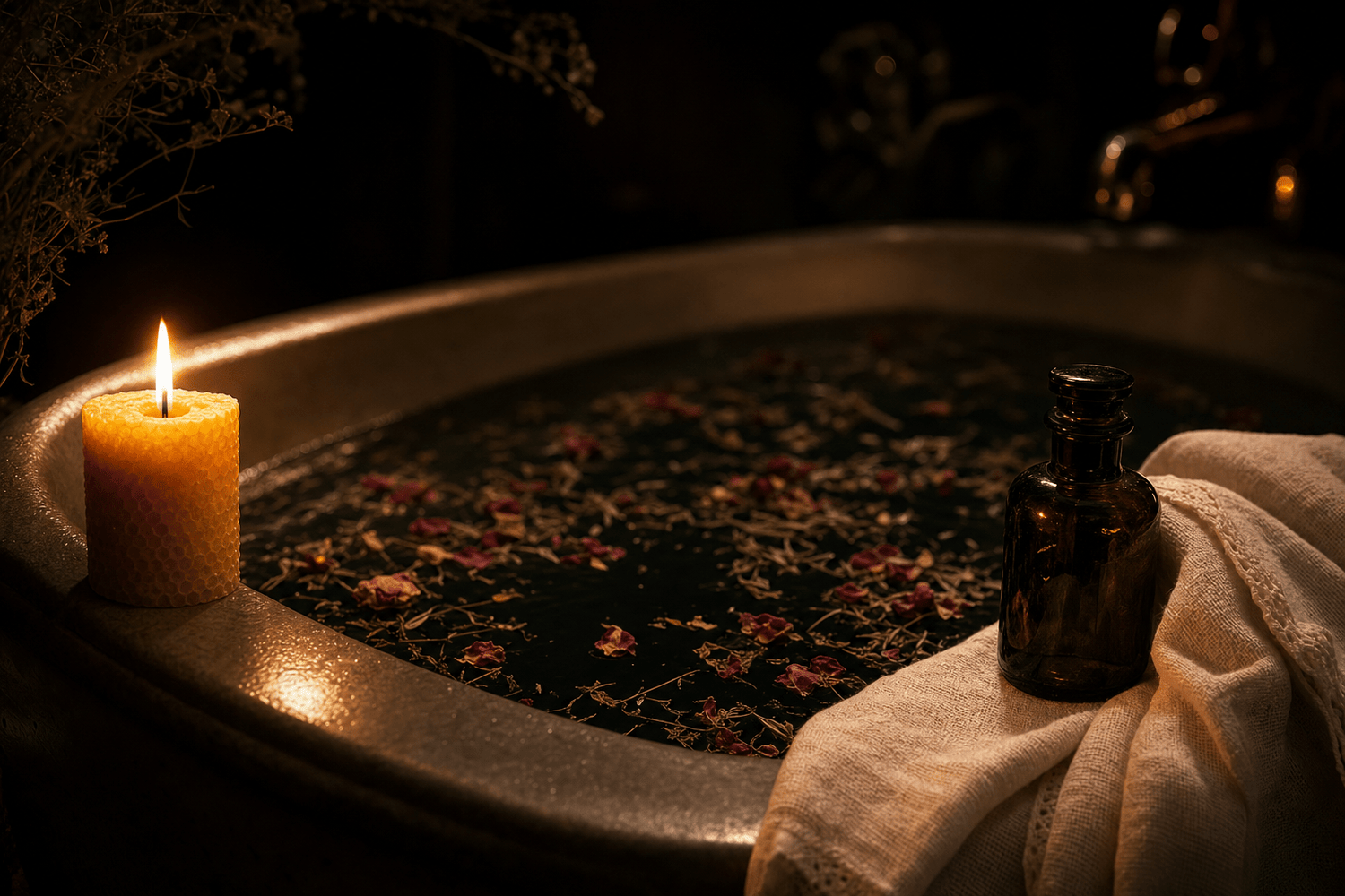 A candlelit bathtub scene at dusk, botanical herbs floating in dark water, a single beeswax candle on the tub edge, a folded white linen beside a small apothecary bottle