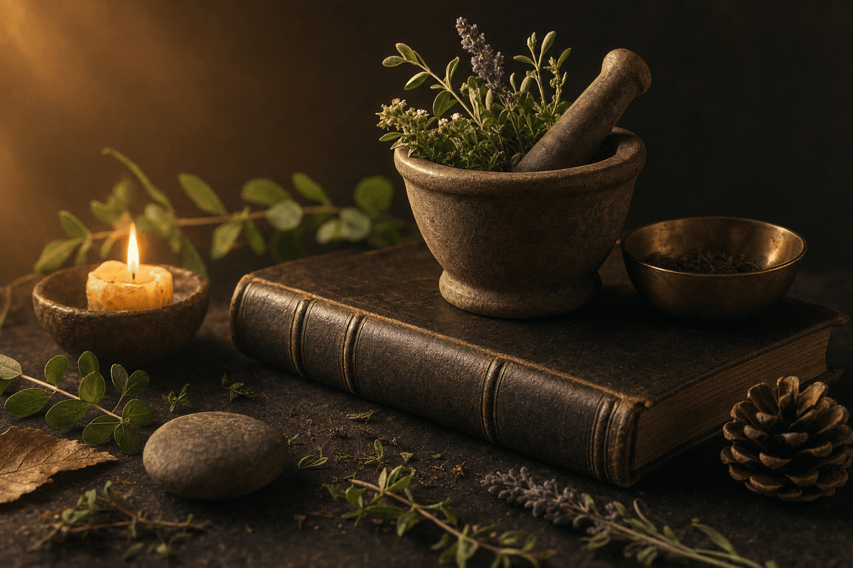 A clay mortar, beeswax candle, and pinecone in directional golden light, a circadian rhythm ritual still life