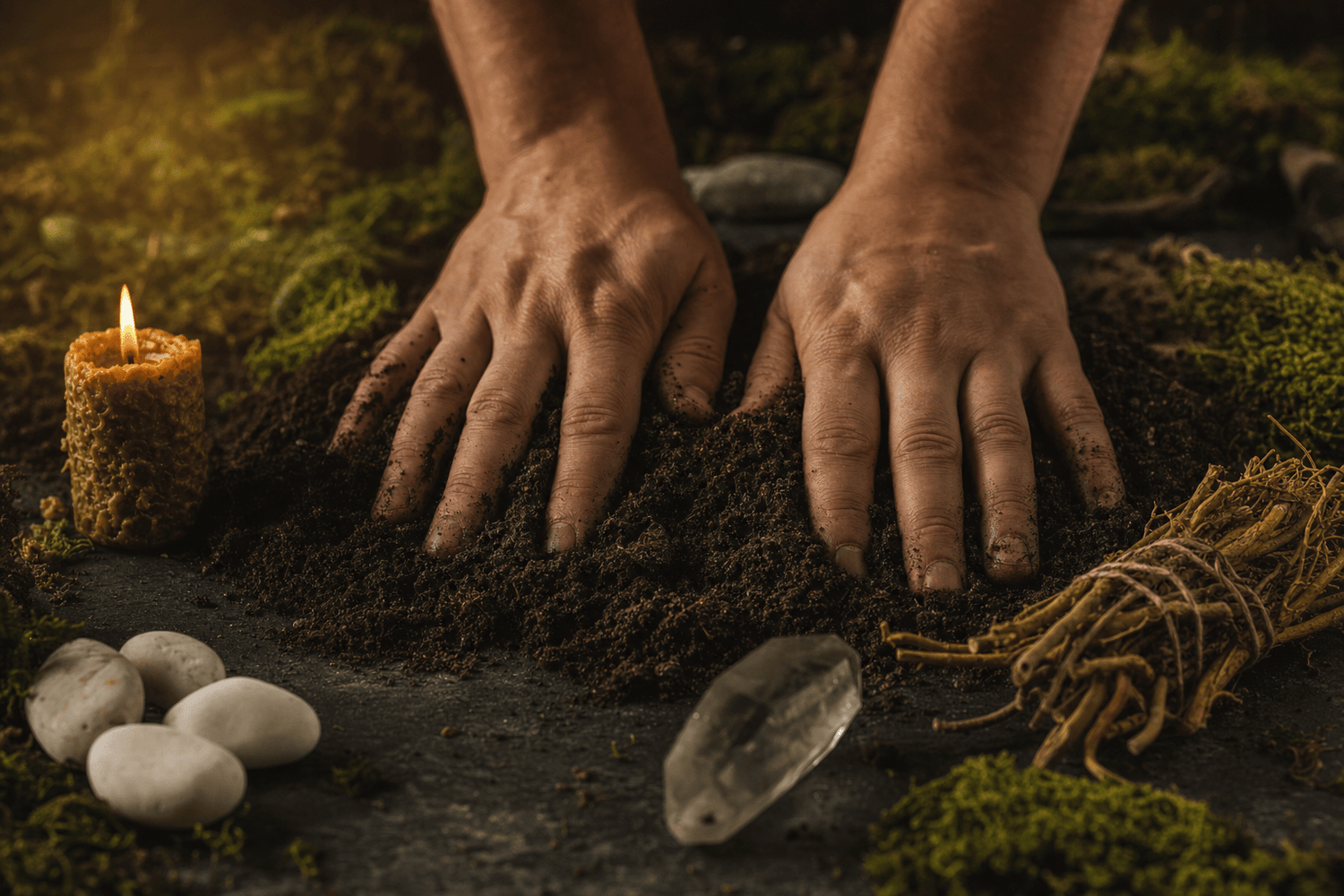 Hands pressing into dark, rich forest soil beside moss-covered stone and dried root botanicals, with soft amber candlelight in the background