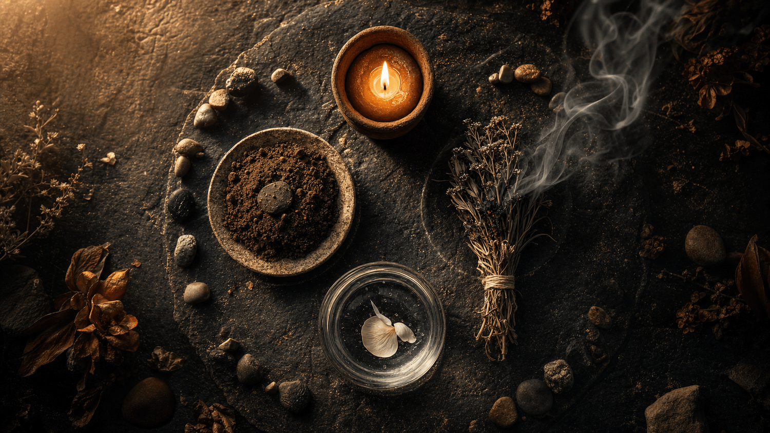 Four small vessels of botanical material representing each element arranged in a circle on dark slate: soil, dried chili, water with rose petals, and smoke from dried herbs