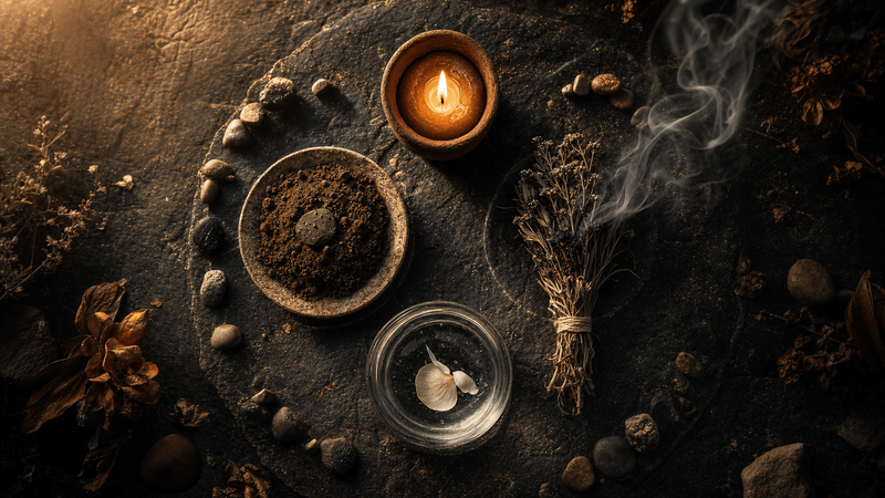 Four small vessels of botanical material representing each element arranged in a circle on dark slate: soil, dried chili, water with rose petals, and smoke from dried herbs
