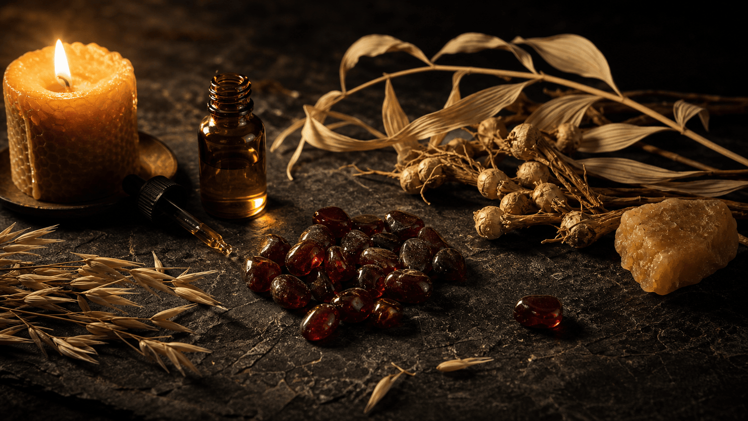 garnet, Solomon's Seal, amber oil bottle on dark slate by candlelight
