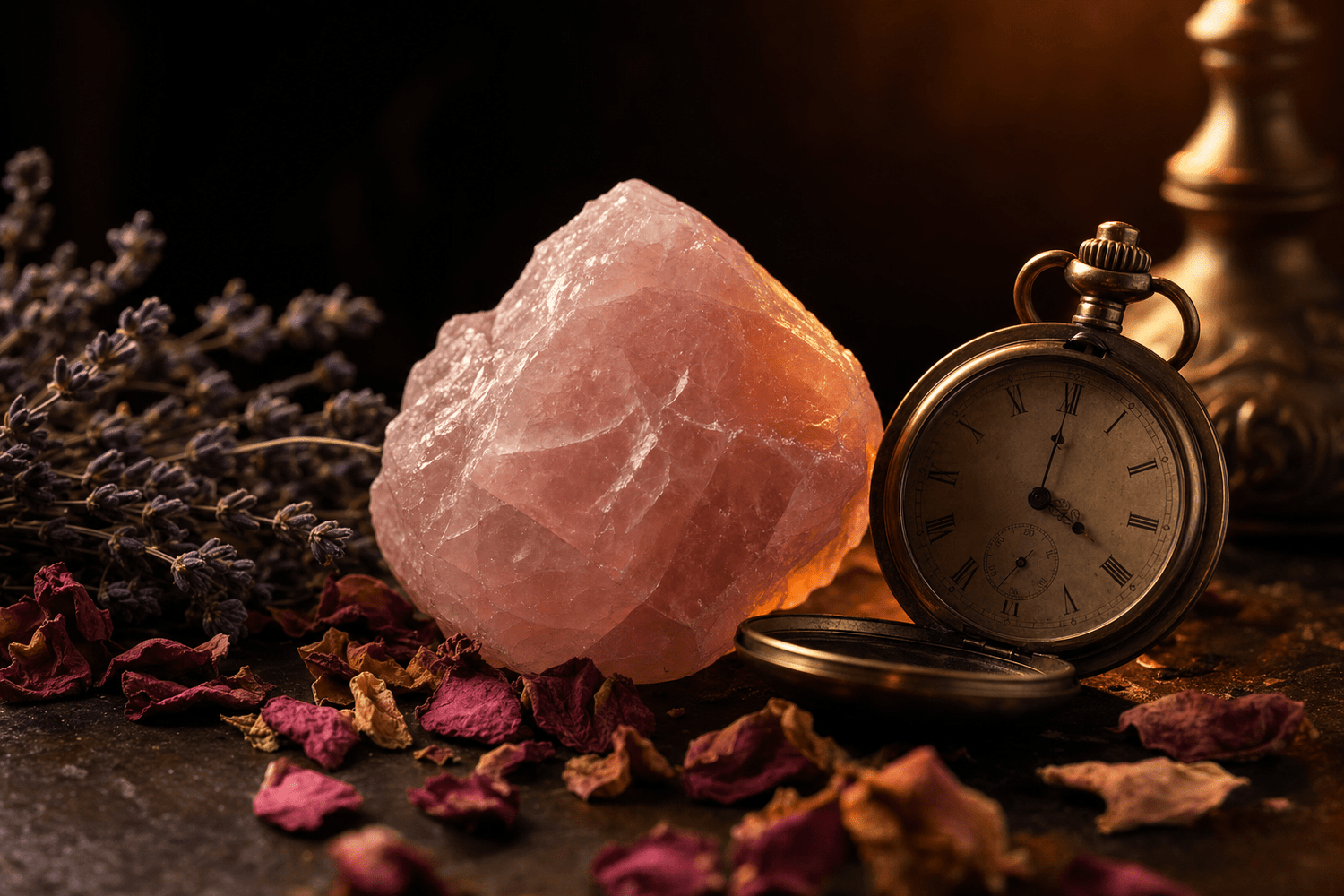 Rose quartz and an antique brass timepiece with rose petals, a heart rate variability spiritual still life