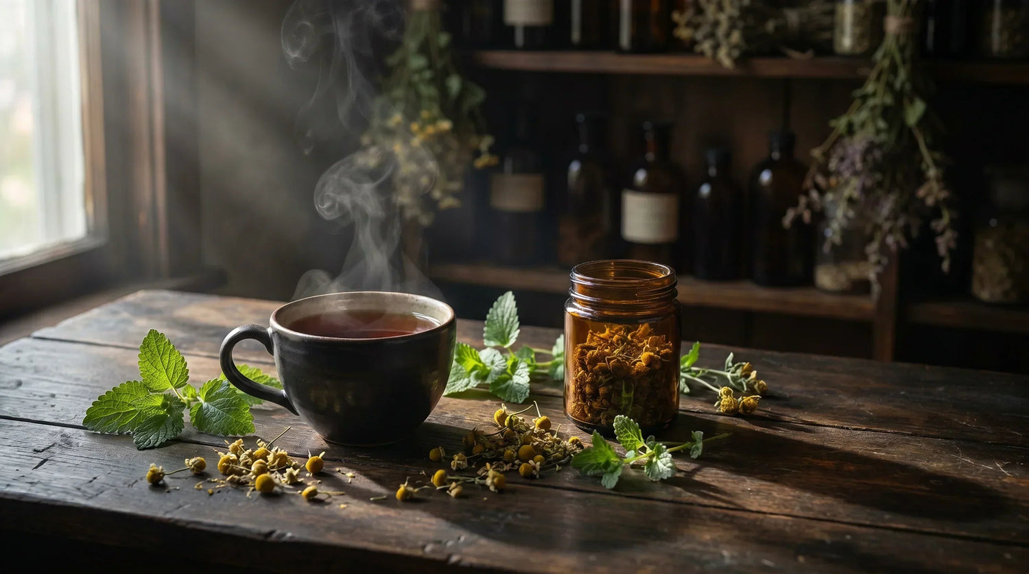 A ceramic cup of amber herbal tea steaming beside fresh lemon balm sprigs and dried chamomile flowers on a dark wooden surface in morning light