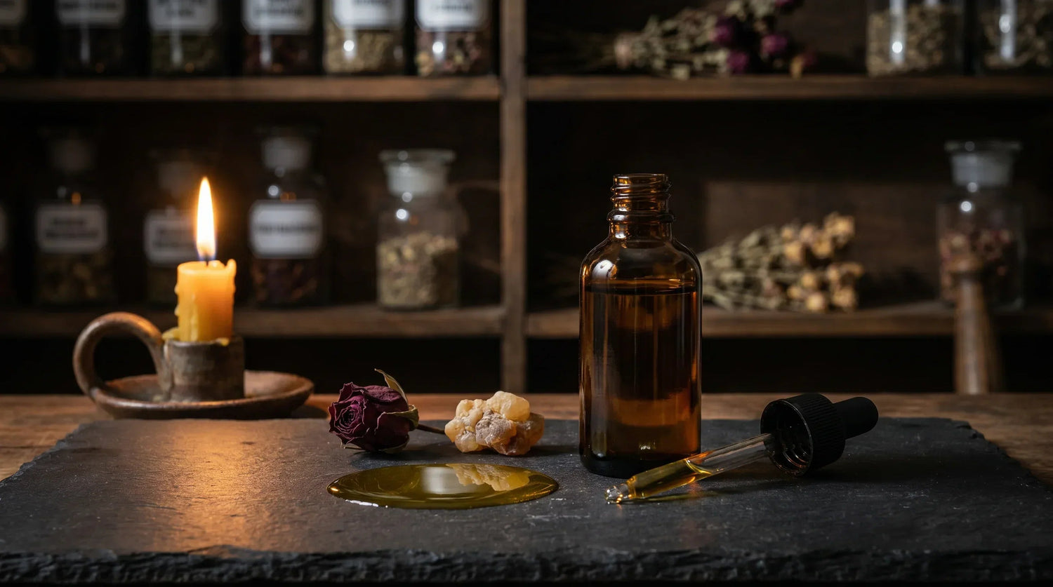 Moody close-up on aged wood surface: a single amber bottle with its dropper beside it, a small pool of golden oil on the surface catching candlelight, one dried rose bud and a piece of frankincense resin — the simplicity of a practice repeated many times