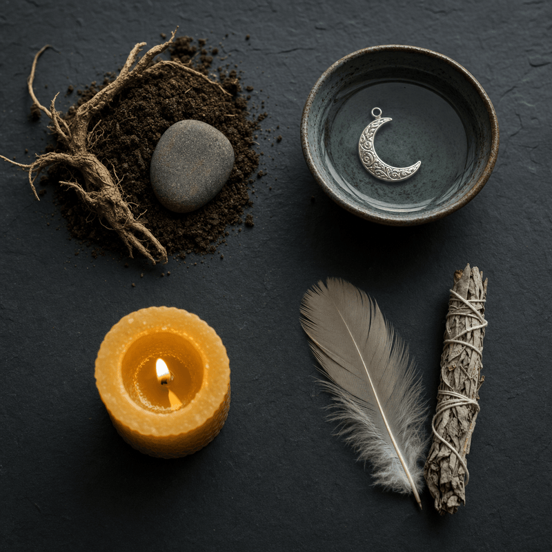 Four small ceramic vessels arranged in a line on dark slate, each containing a different element, earth (soil and root), water (still water surface), fire (small candle flame), air (smoke from incense), representing elemental ritual natures