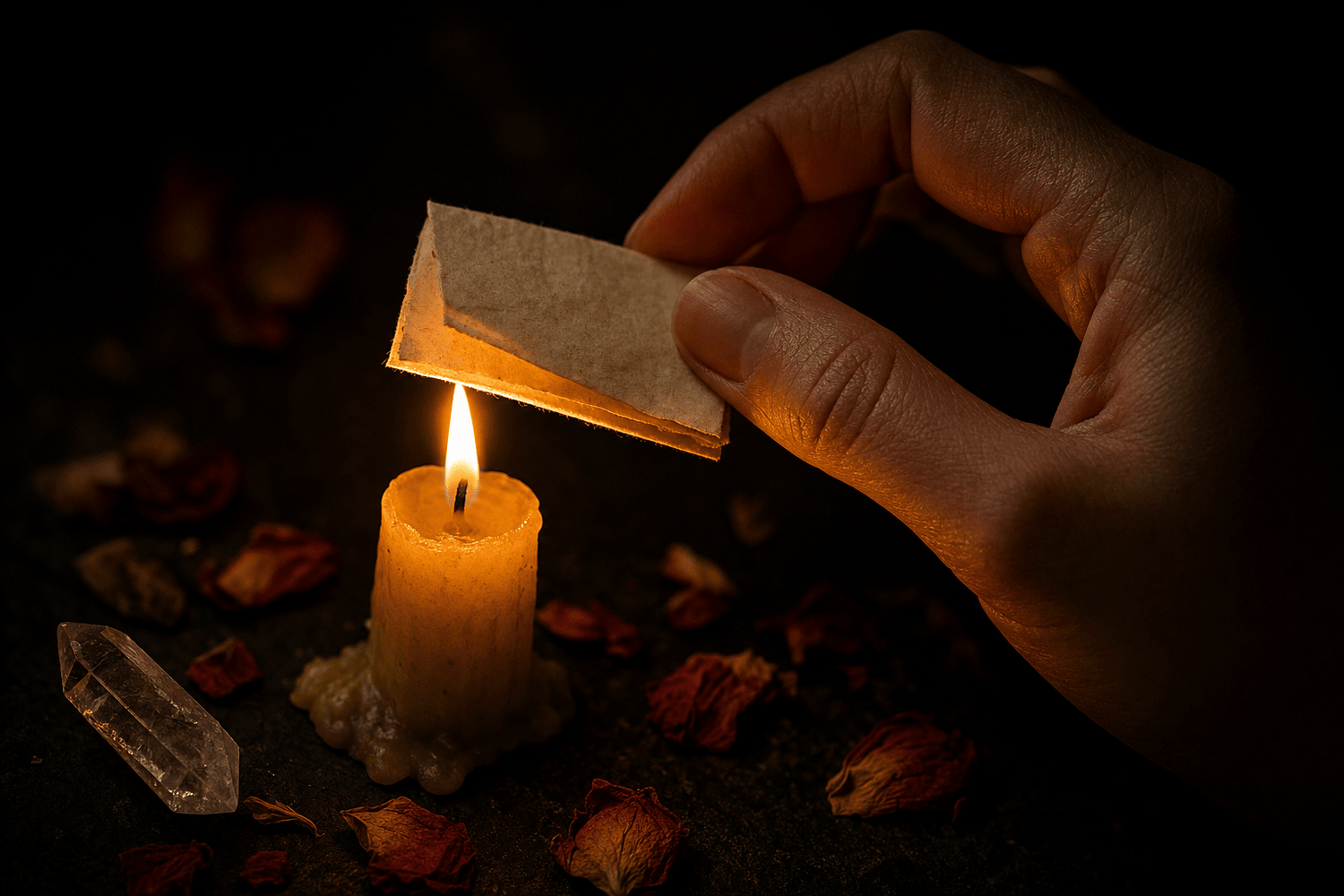 A hand holding a small piece of paper with a single handwritten word above a beeswax candle flame, the gesture of burning an intention into being