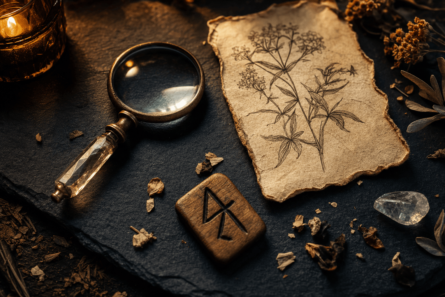 A magnifying lens, a botanical illustration, and a carved symbol tile, psychology neuroscience spirituality convergence
