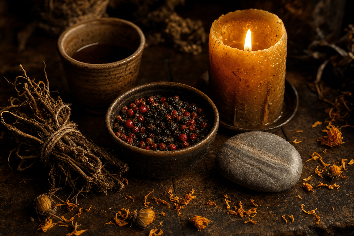 Dried elderberries, a river stone, and a beeswax candle, a longevity and the soul Earth-element still life
