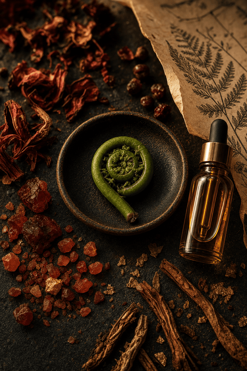 An unfurling fern frond beside a botanical oil vial, a neuroplasticity and ritual Fire-element still life