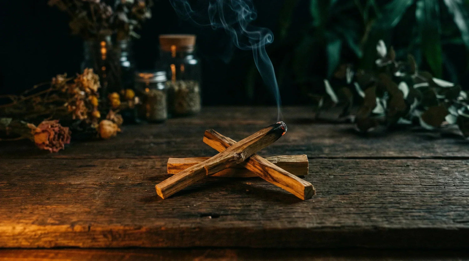 Close-up atmospheric scene — three palo santo sticks crossed on dark aged wood, one with a glowing ember tip and a thin ribbon of smoke, warm amber light from below left, botanical green in soft background