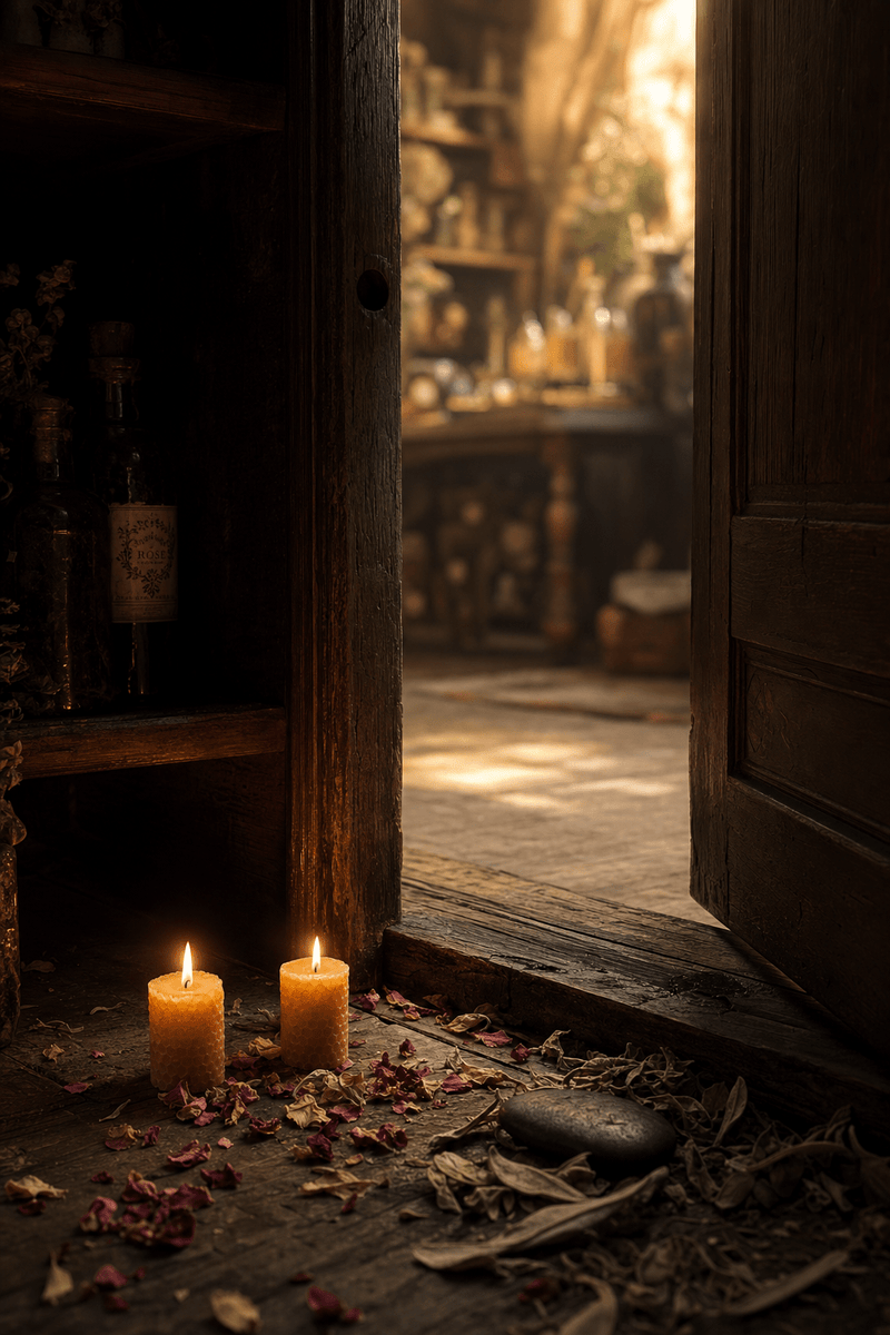 A threshold scene, a doorway lit from one side only, with candles on the step and dried botanicals framing the frame, the image of a passage