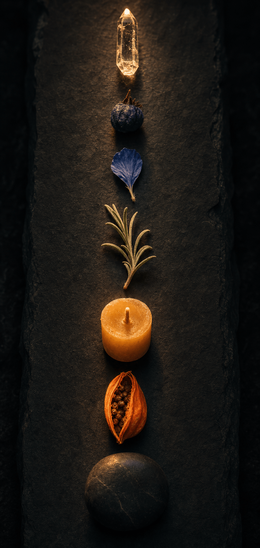 Seven objects arranged in a vertical column from earth to crystal, a chakra and nervous system still life
