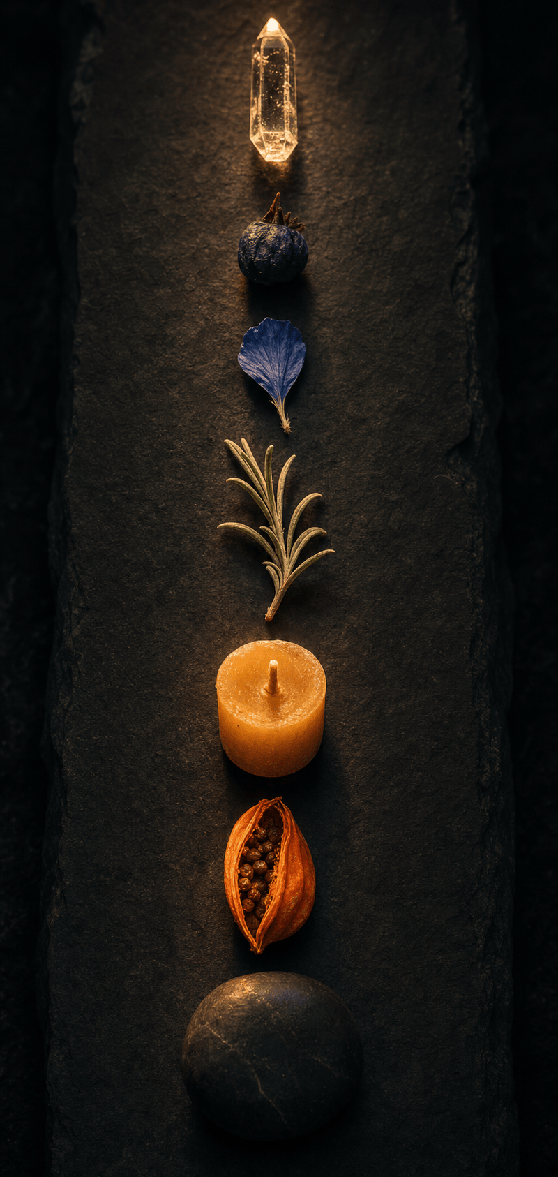 Seven objects arranged in a vertical column from earth to crystal, a chakra and nervous system still life