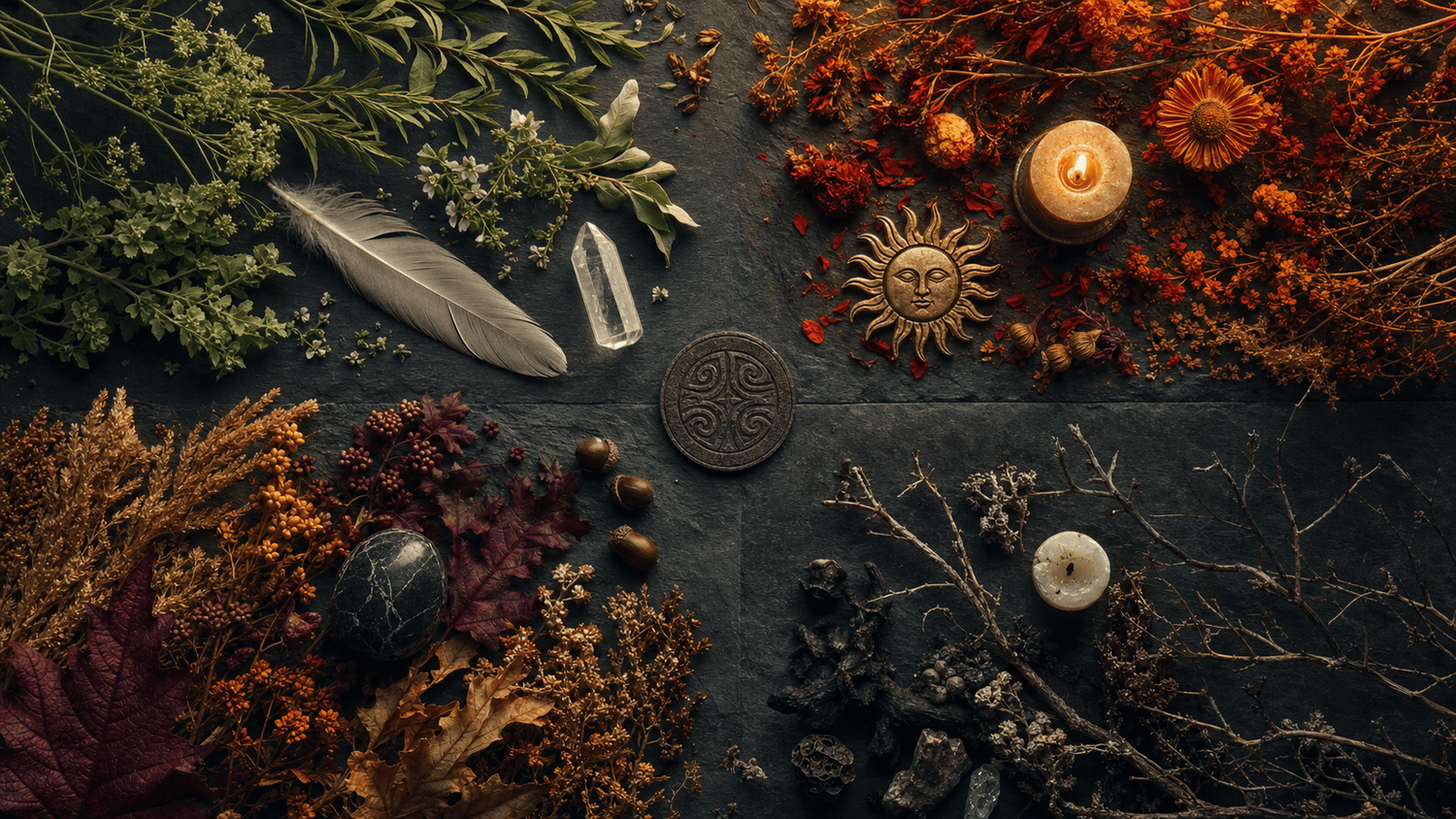 A four-panel seasonal altar scene depicting spring botanicals, a summer candle, autumn harvest herbs, and winter root elements arranged on natural stone