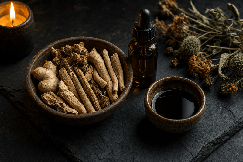 Dried medicinal roots beside an amber tincture bottle, a gut-brain-spirit axis herbal still life