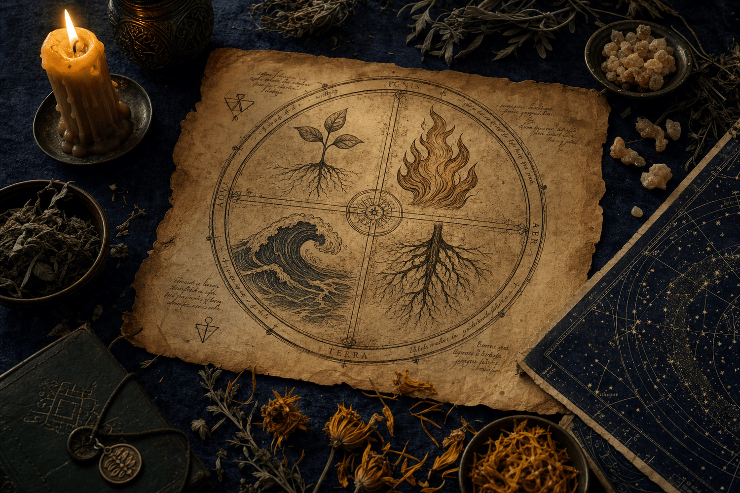 An aged alchemical diagram style illustration, a circular spiral with four marked points, surrounded by botanical and celestial elements on deep indigo parchment