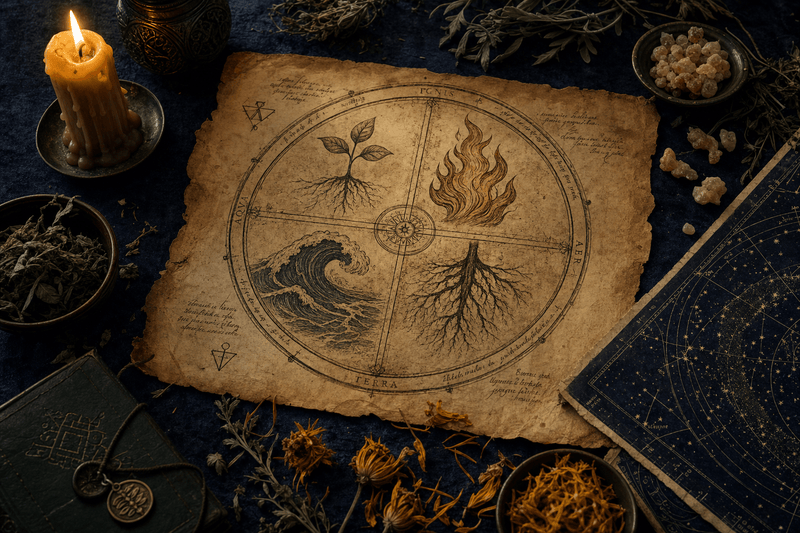 An aged alchemical diagram style illustration, a circular spiral with four marked points, surrounded by botanical and celestial elements on deep indigo parchment