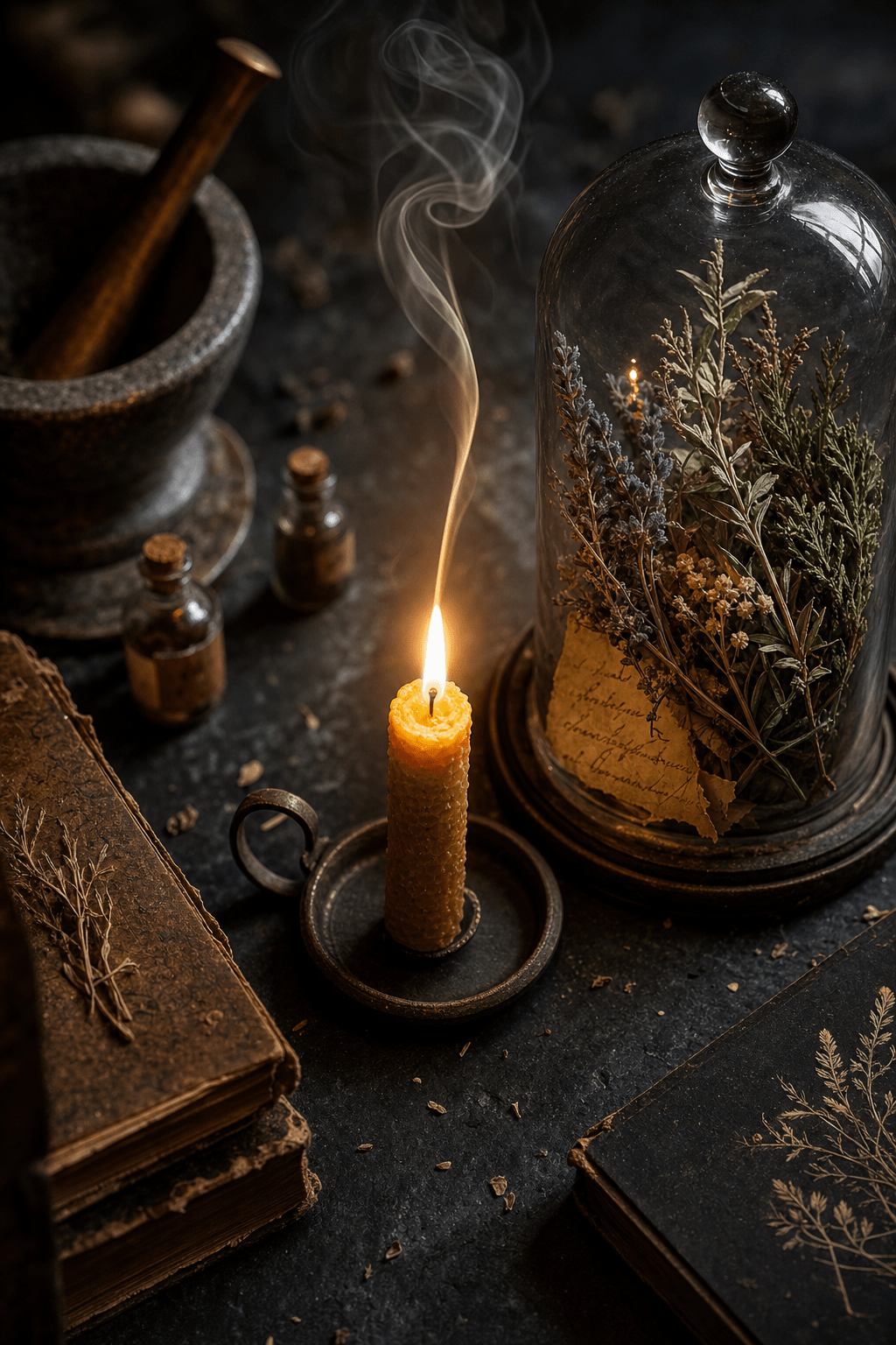 A single candle flame beside an antique botanical specimen dome, a neuroscience of ritual still life