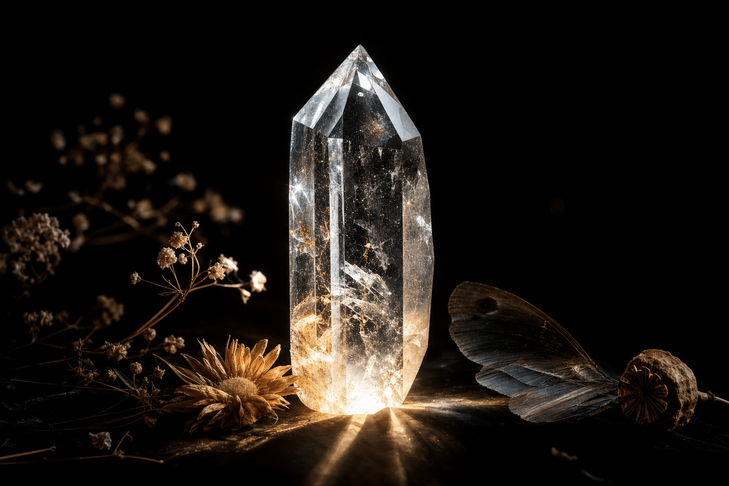 A backlit quartz crystal cluster with a moth wing and seed pod, a science of awe transcendent still life