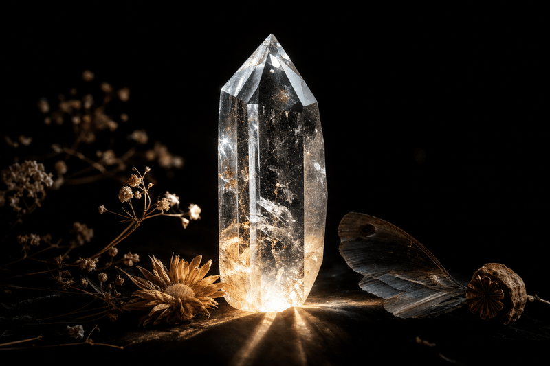 A backlit quartz crystal cluster with a moth wing and seed pod, a science of awe transcendent still life