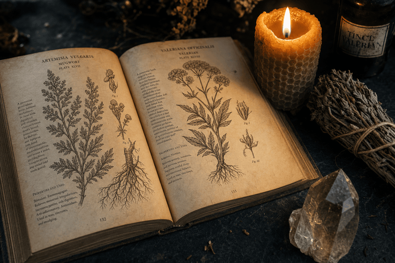 A scientific-meets-mystical still life: an open anatomy illustration of the brain beside a burning candle, dried botanicals, and a small crystal cluster on dark slate