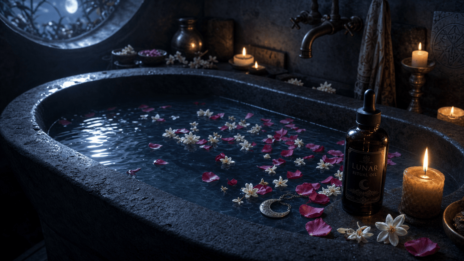 A moonlit bath ritual scene with rose petals, a crescent moon charm, and a silver botanical bath soak bottle on the edge of a dark stone tub
