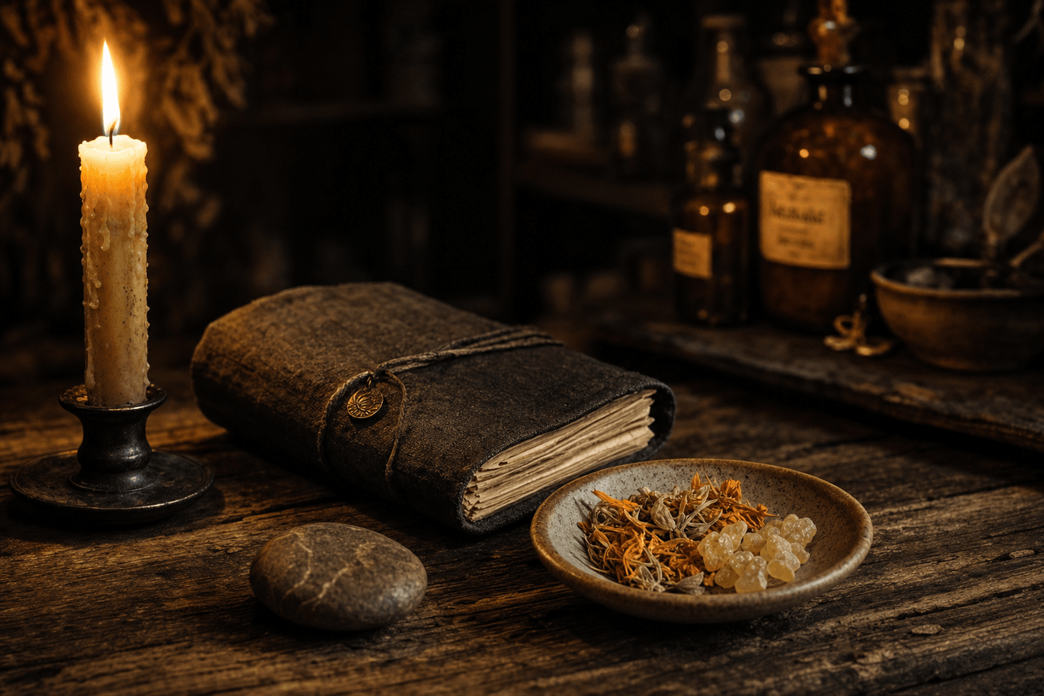 A single beeswax candle burning on a dark slate surface surrounded by dried botanicals and a folded journal, the beginning of a ritual practice