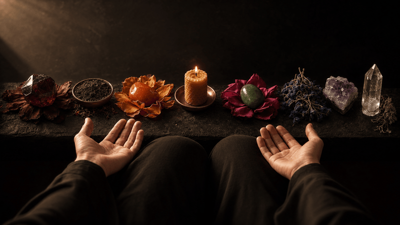 Hands in a gentle meditation mudra resting on knees, surrounded by a complete set of chakra-aligned ritual tools, colored botanicals, stones, and small anointing vessels arranged in a spectrum from red to violet