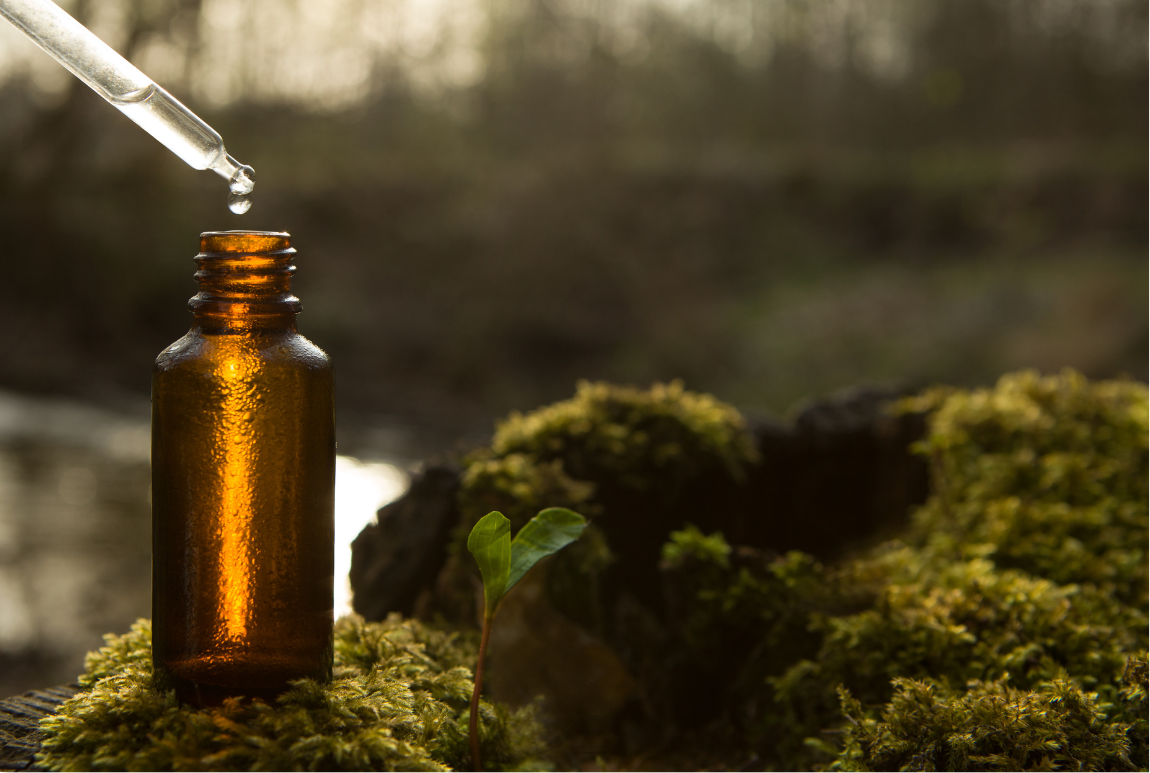 Amber glass dropper bottle on a mossy surface with a blurred natural background