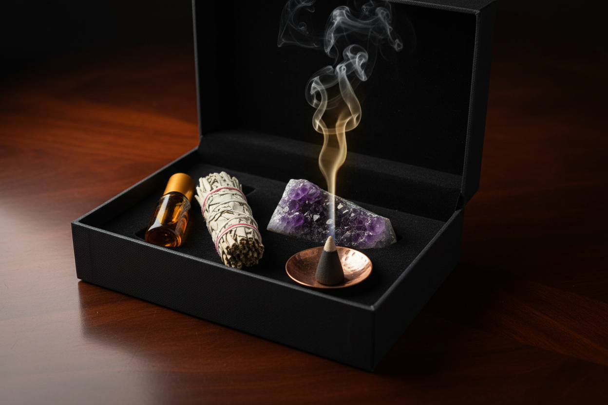 A beautifully styled shot of an open, premium black gift box sitting on a dark wooden table. Inside the box are nested items: an amber roller bottle, a small bundle of dried sage, a raw amethyst crystal, and a small copper dish with a cone of incense that is gently smoking. The lighting is moody and dramatic, with a warm glow coming from the incense. The vibe is magical, curated, and complete.