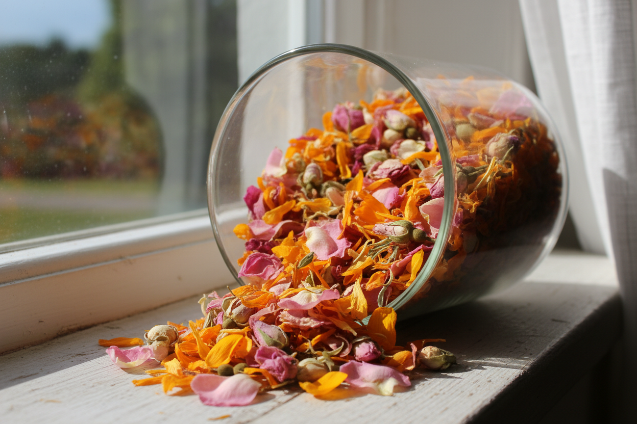 A clear glass jar overflowing with colorful dried flower petals (calendula orange and rose pink) sitting in bright, natural window light. You can see the texture of every botanical inside clearly. Clean, honest, and pure.