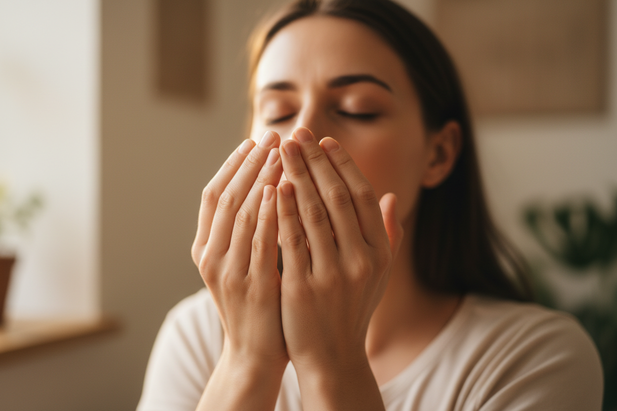 A close-up lifestyle shot of someone cupping their hands over their nose (inhaling)