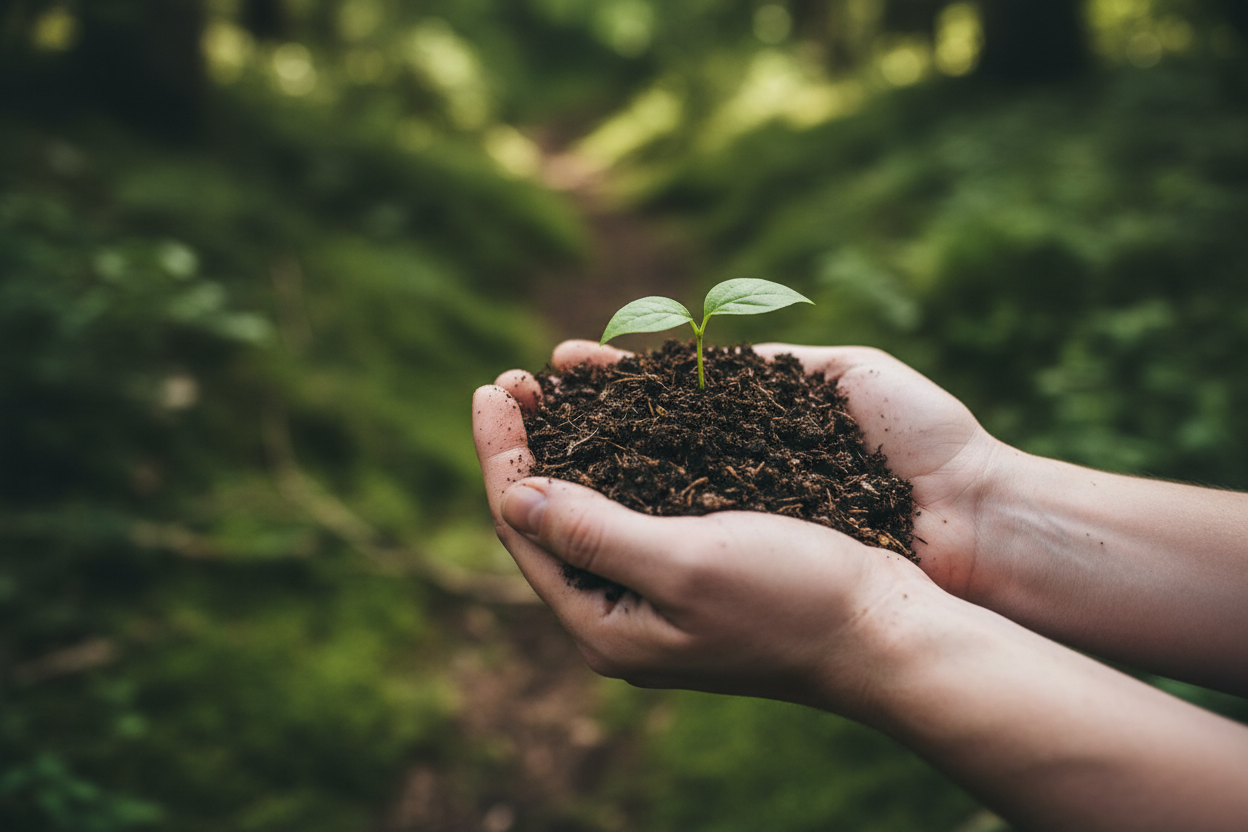 A close-up of hands gently holding a small green plant seedling cradled in rich dark soil. The background is a blurred, lush green forest floor. Organic, sustainable, and grounded.
