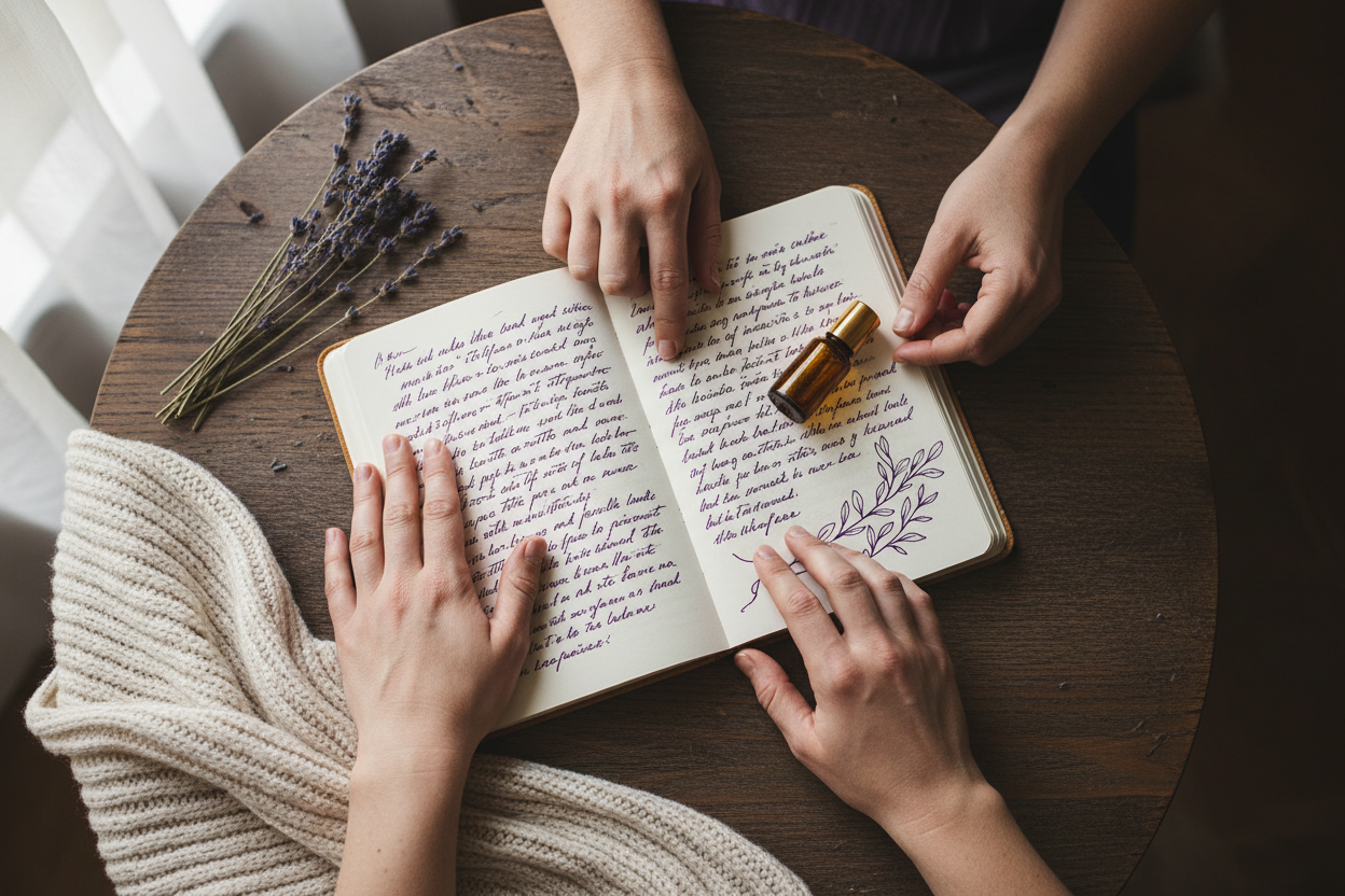 A close-up overhead shot of two pairs of hands (no fingernail paint) on a wooden table, gently looking at an open journal filled with handwritten notes and a small amber roller bottle. Warm, supportive, and intimate atmosphere. Deep purple and cream colors.