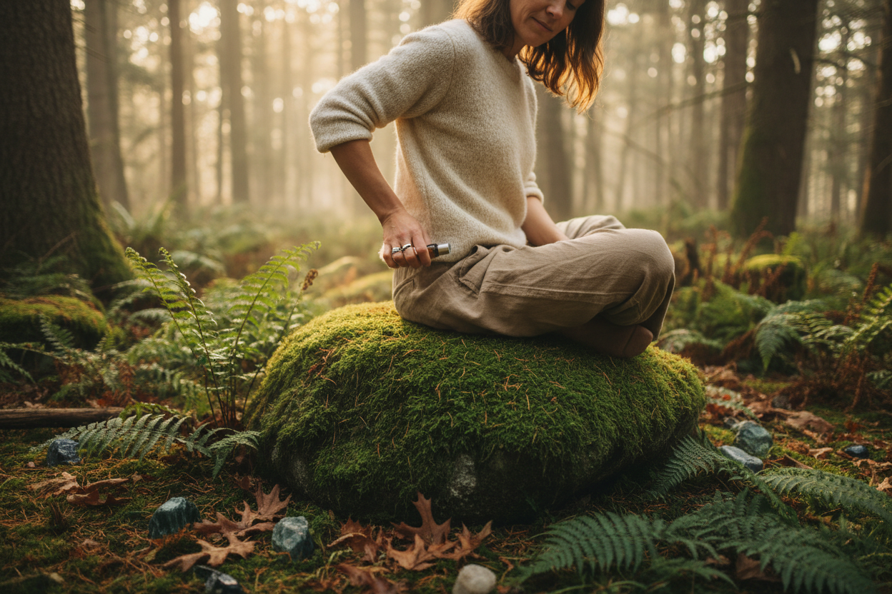 A close-up photograph of a person sitting cross-legged on a moss-covered rock in an old-growth forest. They are wearing comfortable, earth-toned clothing. One hand holds a 10ml amber glass roller bottle, gently applying the oil to their lower back, near the base of the spine (root chakra). Surrounded by ferns, scattered raw stones, and dried leaves. The lighting is warm, dappled golden sunlight filtering through the tree canopy, creating soft shadows. he overall mood is grounded, secure, and ancient.