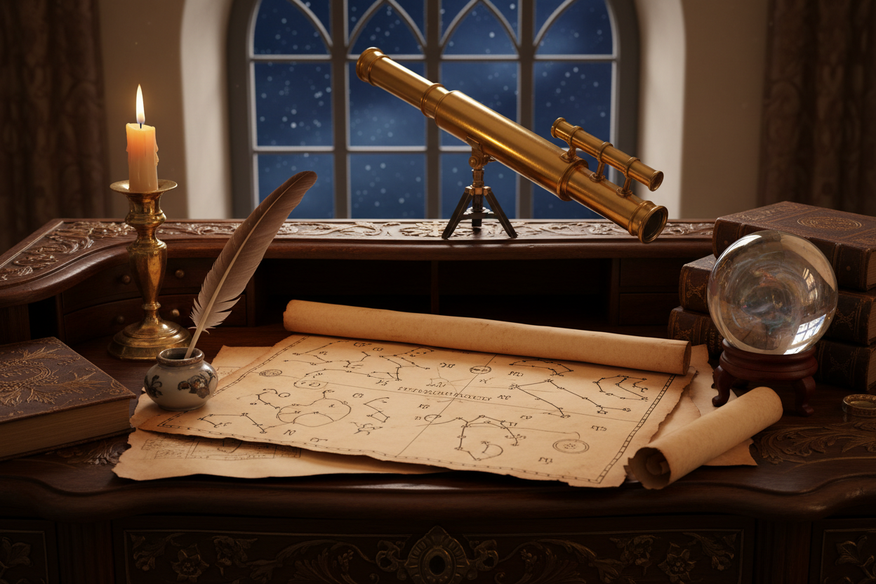 A close-up photograph of an elegant, antique-style desk setup for an astrologer. A beautiful, old-fashioned brass telescope points towards a window. Next to it are a quill pen, an inkwell, and a rolled-out parchment map of the stars. A single lit candle casts a warm glow on the objects. The vibe is deep wisdom and ancient knowledge.