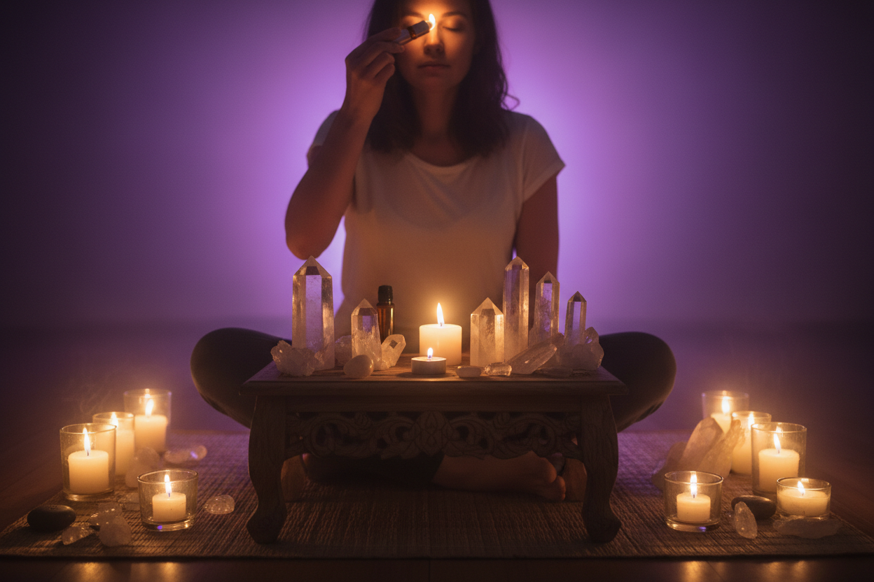 A close-up shot of a person in a serene meditation pose indoors at night, surrounded by glowing candles and several clear quartz crystals on a wooden altar table. They are using a 10ml amber glass roller bottle to gently apply oil to the space between their eyebrows (the third eye chakra). Their eyes are gently closed. The lighting is moody and soft, dominated by candlelight and a deep mystical purple glow in the background. The mood is intuitive, spiritual, and tranquil. 