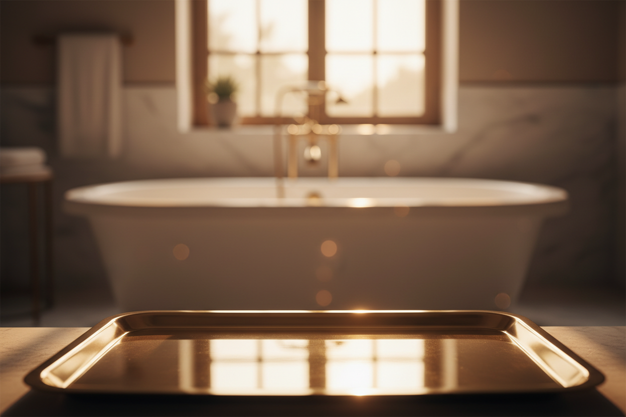 A high-quality product photography background. A Gold Tray surface that fades into a background of Blurred luxurious bathtub. The lighting is Golden Hour. Minimalist, elegant, and high resolution. No products, just the empty setting.