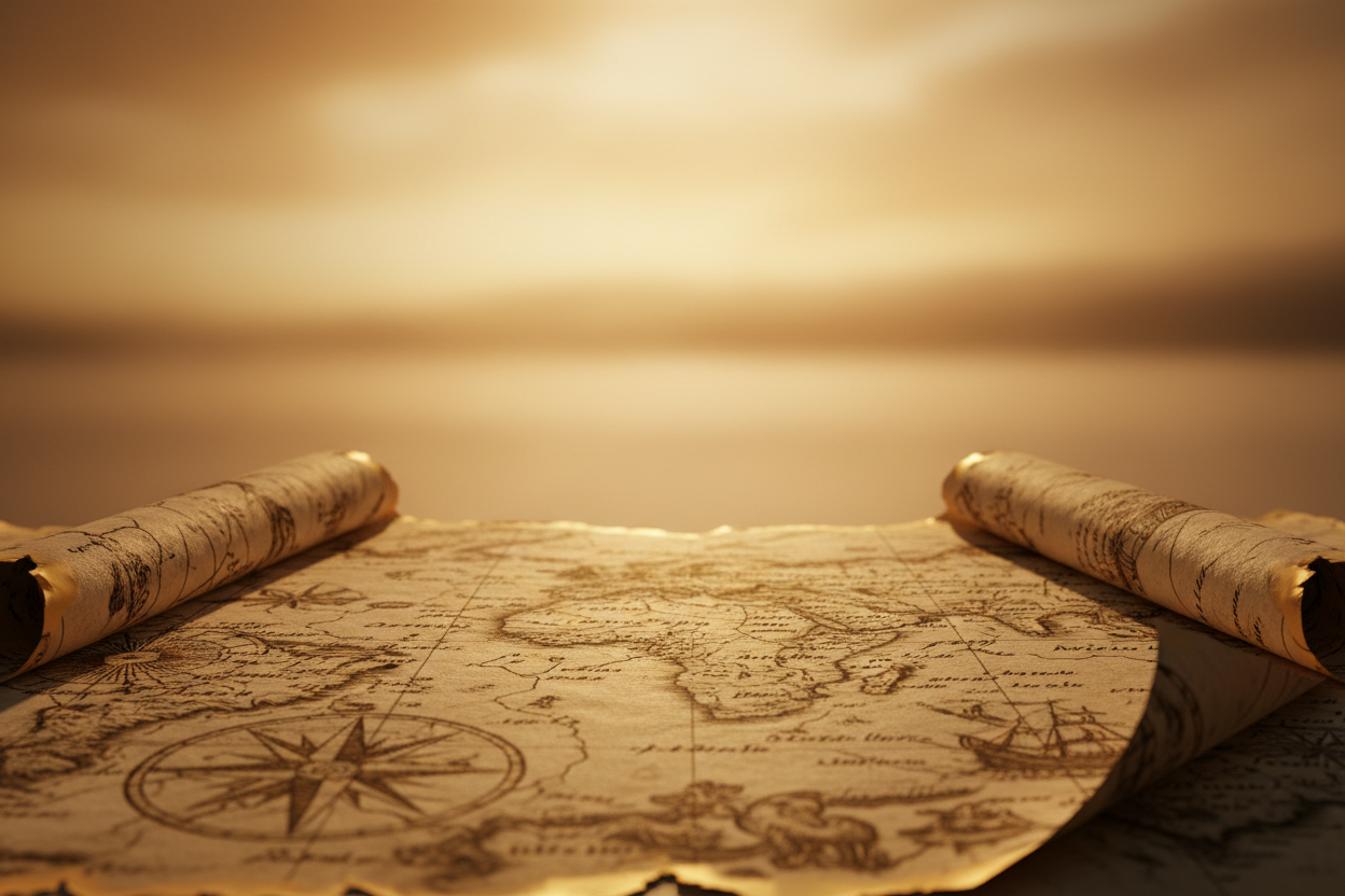 A high-quality product photography background. A Old Map/Paper surface that fades into a background of Blurred horizon line. The lighting is Golden Hour. Minimalist, elegant, and high resolution. No products, just the empty setting.