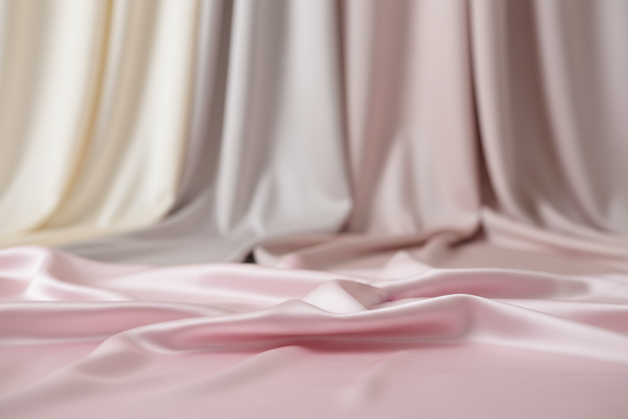 A high-quality product photography background. A Pink Silk surface that fades into a background of Blurred soft fabrics. The lighting is Soft Diffused. Minimalist, elegant, and high resolution. No products, just the empty setting.